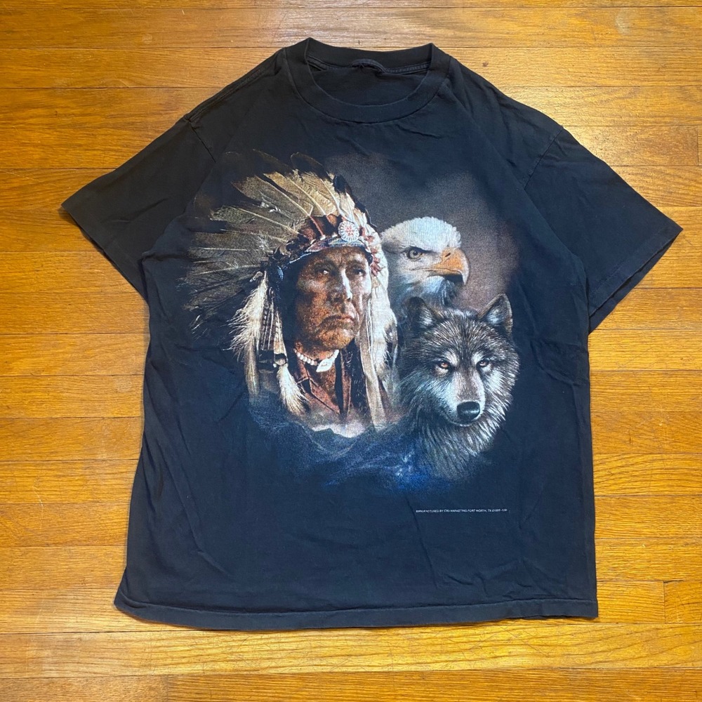 Vintage 1993 Native American Eagle Wolf Graphic 3D Emblem T-shirt L